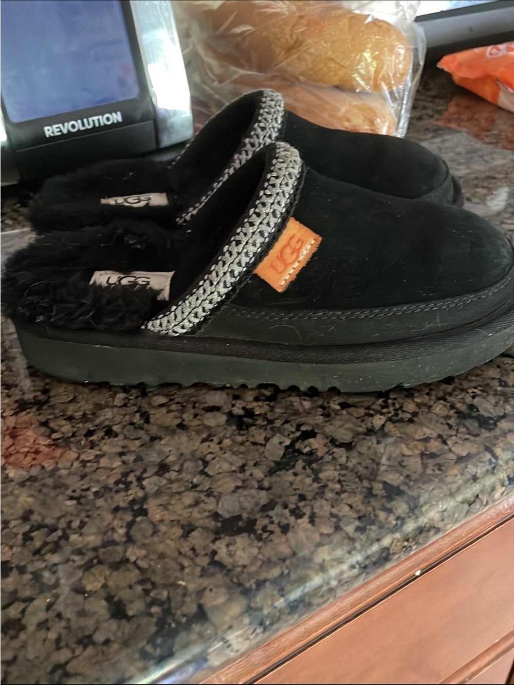 UGG Kids Black Suede Slip-On Clogs with Orange Logo Tag
